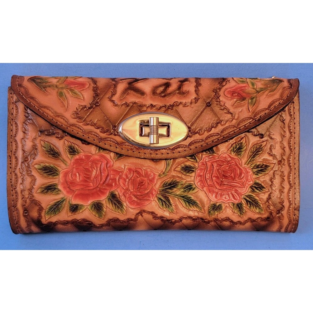 Vtg Mexican Handmaded & Hand Tooled Roses Leather Embossed Purse Clutch 7"x4"x1"